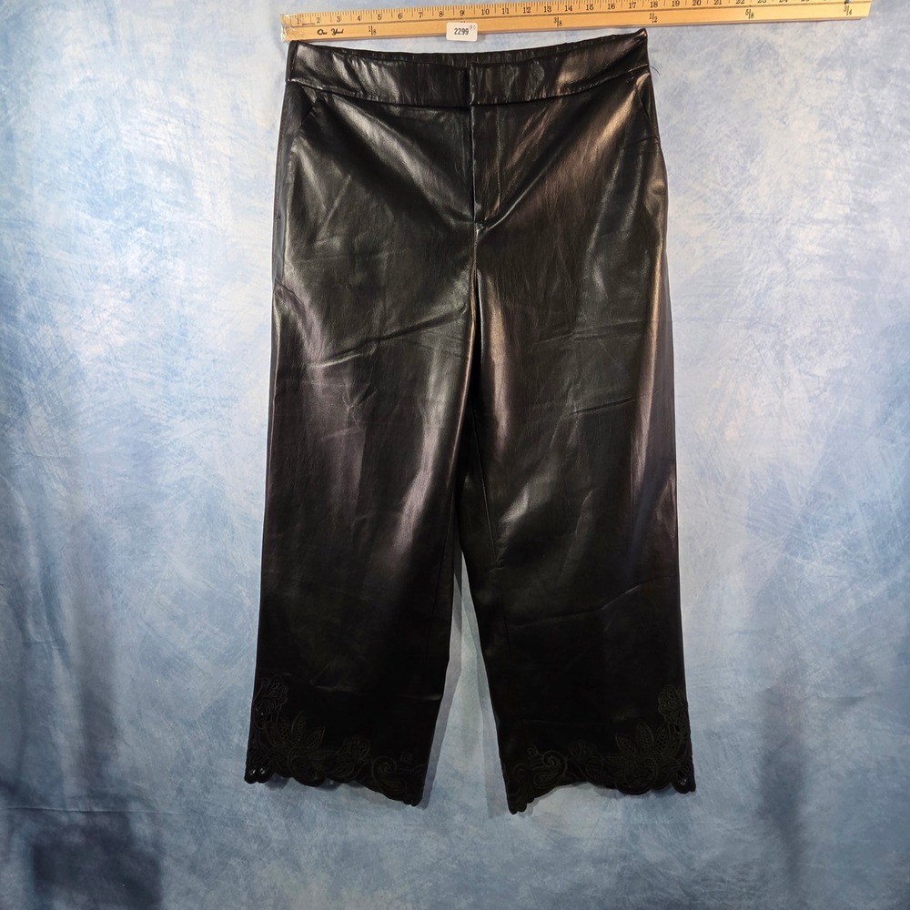 Chicos Black Faux Leather Wide Leg Cropped Pants Embroidered Scallop Hem Size 2